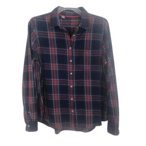 Plaid Button Long Sleeve Cotton Shirt Ladies Large in Navy Blue  / Red Mix